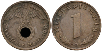 Германия 1 рейхспфенниг 1939 D KM 89, J 361 бронза 4136-1146