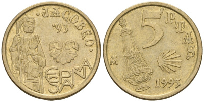 Испания 5 песет 1993 Хуан Карлос I (1975-2014), год Святого Иакова KM 919 алюминиевая бронза 4608-326