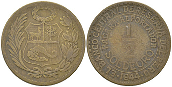 Перу 1/2 соль 1944 KM 220 латунь 4513-955
