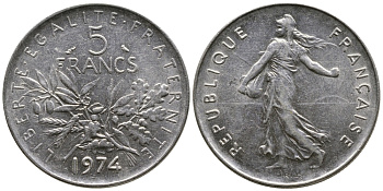 ФРАНЦИЯ 5 ФРАНКОВ 1974 СЕЯТЕЛЬ KM 926a.1, LE FRANC 341.6 медно-никель плакированный никелем 56-733