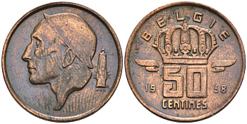 Бельгия 50 сантимов 1958 BELGIE KM 149 бронза 4594-355