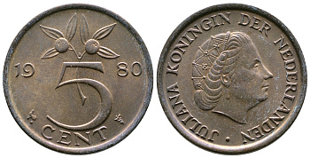 Нидерланды 5 центов 1980 Юлиана (1948-1980) KM 181 бронза 4175-753
