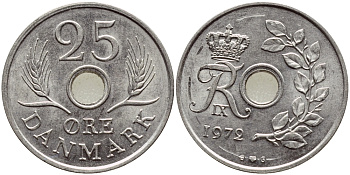 ДАНИЯ 25 ЭРЕ 1972 S; S, ФРЕДЕРИК IX (1947-1972) KM 855.2 медно-никель UNC 4398-1013