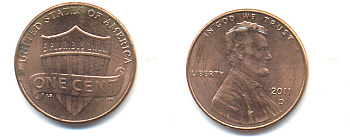 США 1 ЦЕНТ 2011 D ЛИНКОЛЬН, ЩИТ KM 469 цинк плакированный медью 86-363