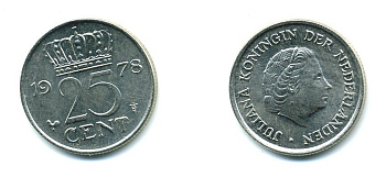 НИДЕРЛАНДЫ 25 ЦЕНТОВ 1978 ЮЛИАНА KM 183 никель 76-527