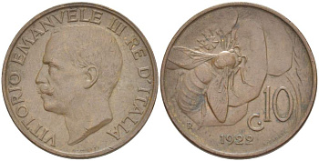 ИТАЛИЯ 10 ЧЕНТЕЗИМО 1922 R, МОНДВОР РИМ, ВИКТОР ЭММАНУИЛ III (1900-1946) KM 60 медь 4525-243