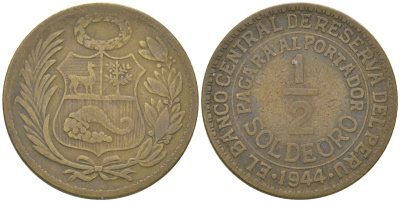 Перу 1/2 соль 1944 KM 220 латунь 4513-955