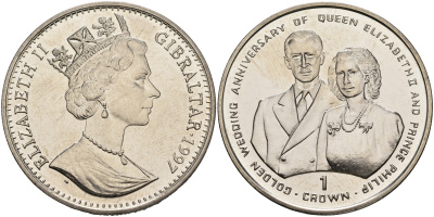 Гибралтар 1 крона 1997 золотая свадьба королевы Елизаветы и принца Филиппа KM 530 медно-никель UNC 3897-934