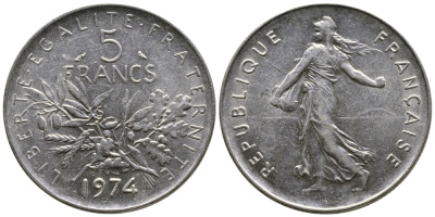 Франция 5 франков 1974 сеятель KM 926a.1, Le Franc 341.6 медно-никель плакированный никелем 4680-123