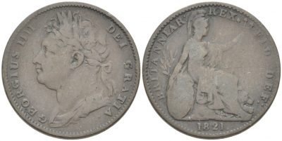 Великобритания 1 фартинг 1821 Георг IV (1820-1830) KM 677, Spink 3822 медь 1515-2133
