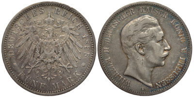 Пруссия 5 марок 1895 Вильгельм II (1888-1918) KM 523, J. 104 серебро 1066-5-25