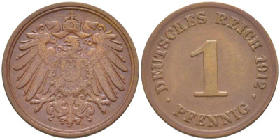 ГЕРМАНИЯ 1 ПФЕННИГ 1912 D KM 10, J. 10, Weege 2 медь 211-455