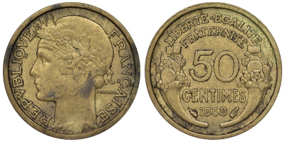 Франция 50 сантимов 1939 тип Morlon KM 894.1, Le Franc 192.15 алюминиевая бронза 4124-349