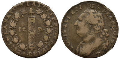 ФРАНЦИЯ 12 ДЕНЬЕ 1792 Т, МОНДВОР НАНТ, ЛЮДОВИК XVI (1774-1793) KM 600.15 (С 88.14) бронза 633-1842