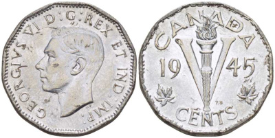 Канада 5 центов 1945 Георг VI (1937-1952) KM 40а сталь плакированная хромом 4385-1034