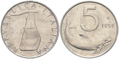 Италия 5 лир 1998 R, дельфин KM 92 алюминий  UNC  4594-668