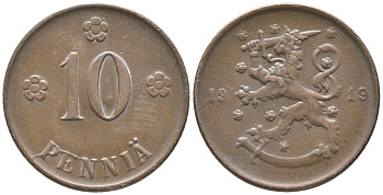 Финляндия 10 пенни 1919 KM 24 медь 28-1256