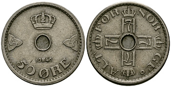 Норвегия 50 эре 1946 Хокон VII (1905-1957) KM 386 медно-никель 4584-214