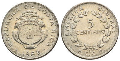 Коста-Рика 5 сентимо 1969  KM 184.2 медно-никель  UNC  4609-549