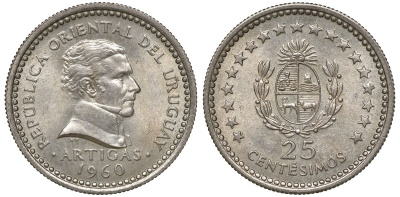 Уругвай 25 сентесимо 1960 KM 40 медно-никель 4169-934