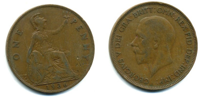 Великобритания 1 пенни 1936 Георг V (1910-1936) KM 838, Spink 4055 бронза 41-1237