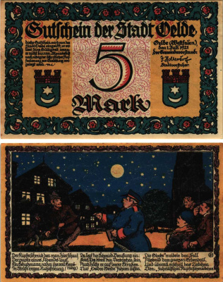 ЭЛЬДЕ 5 МАРОК 1921 НОТГЕЛЬД, 1 ИЮЛЯ 1921, ЗЕМЛЯ СЕВЕРНЫЙ РЕЙН-ВЕСТФАЛИЯ Grabowski 1007.2 бумага 8608-14-2-2