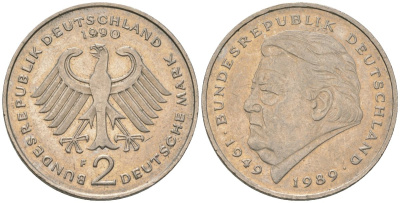 ФРГ 2 марки 1990 F, Франц Йозеф Штраус, 40 лет Федеративной Республике KM 175 медно-никель 4572-1024