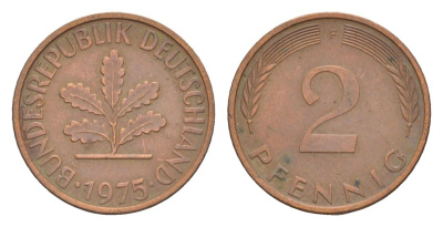ФРГ 2 пфеннига 1975 F KM 106a, J.381a сталь плакированная медью 4630-1237