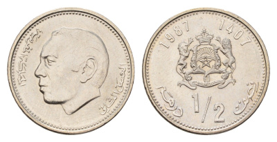 Марокко 1/2 дирхама 1987 год-тип Y 87 медно-никель UNC 4588-1219