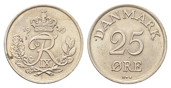 Дания 25 эре 1949 Фредерик IX (1947-1972) KM 842.1 медно-никель 4706-746