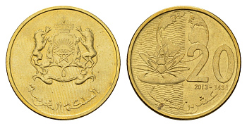Марокко 20 сантимов 2013 Y 137 сталь плакированная латунью UNC 216-823