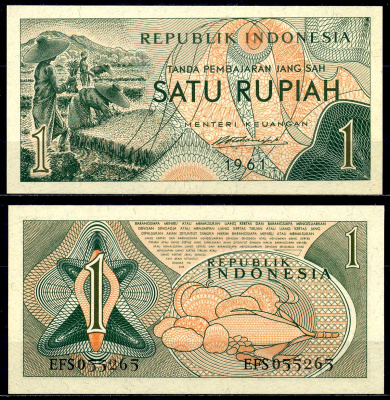 Индонезия 1 рупия 1961 сбор урожая риса Pick 78 бумага UNC (пресс) 446-26-2-3