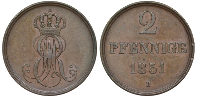 Ганновер 2 пфеннига 1851 B, Эрнст Август (1837-1851) KM 202.1, AKS 124, J. 75 медь 72-433