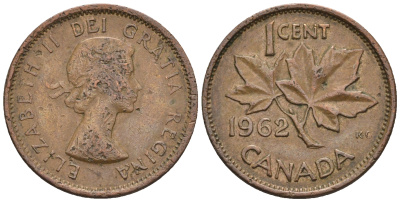 Канада 1 цент 1962 Елизавета II (1952-2022), кленовый лист  KM 49 бронза 4609-119