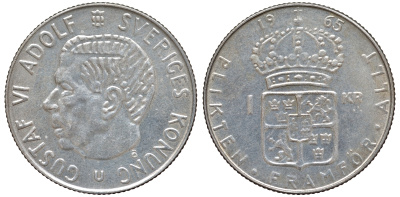 Швеция 1 крона 1965 U, Густав VI Адольф (1950-1973) KM 826 серебро 4178-755