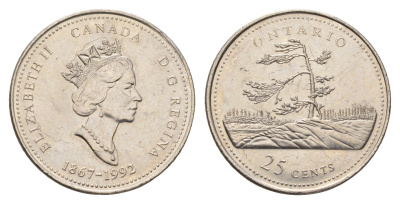 Канада 25 центов 1992 125 лет Конфедерации Канада - Онтарио KM 223 никель aUNC 113-627