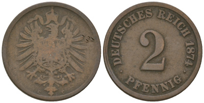 Германия 2 пфеннига 1874 A, старогербовка KM 2, J.2 медь 4625-116