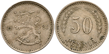 Финляндия 50 пенни 1921 Н KM 26 медно-никель 4547-237