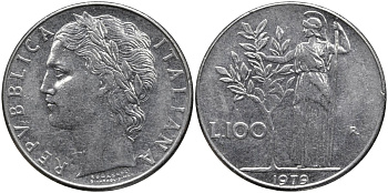 Италия 100 лир 1979 R, Афина в доспехах KM 96.1 нержавеющая сталь 4165-232