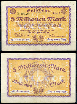Германия, Штольберг 5000000 марок 1923 нотгельд, 24.08.1923 бумага UNC (пресс) 444-108-2-2