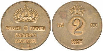 Швеция 2 эре 1968 Густав VI Адольф (1950-1973) KM 821 бронза 77-512