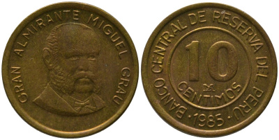 Перу 10 сентимо 1985 LIMA, Мигель Грау Семинарио KM 293, Schon 94 латунь 4532-734