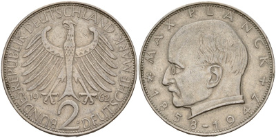 ФРГ 2 марки 1962 J, Макс Планк KM 116, J. 392 медно-никель плакированный никелем 4187-1122