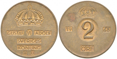 Швеция 2 эре 1968 Густав VI Адольф (1950-1973) KM 821 бронза 77-512