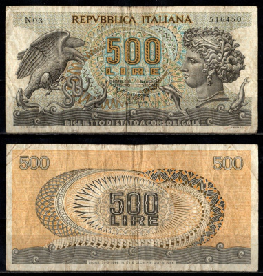 Италия 500 лир 1966 Pick 93 a бумага 6262-39-1-2