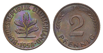 ФРГ 2 пфеннига 1958 D KM 106, J. 381 бронза 4682-1053