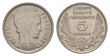 Франция 5 франков 1933 год-тип KM 887 никель 4660-242