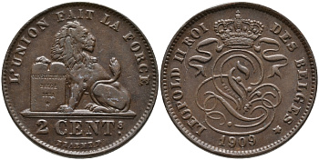БЕЛЬГИЯ 2 САНТИМА 1909 BELGES KM 36 медь 95-635