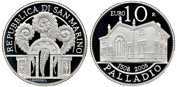 Сан-Марино 10 евро 2008 500 лет Андреа Палладио, в оригинальной коробке, сертификат KM 514 серебро PROOF 4-3-4-37