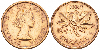 Канада 1 цент 1964 Елизавета II (1952-2022), кленовый лист KM 49 бронза 4547-1111